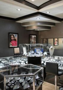 Showroom displaying luxury collections created through custom jewelry design.